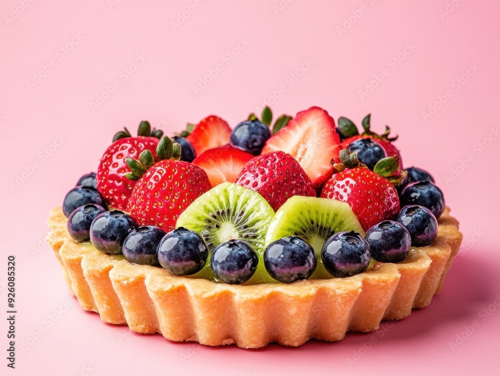 A colorful fruit tart topped with strawberries, blueberries, and kiwi on a pink background. A colorful fruit tart topped with strawberries, blueberries, and kiwi on a pink background.