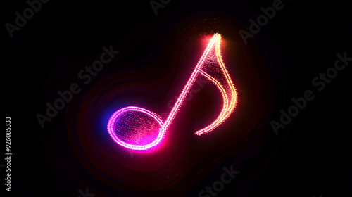 Glowing music note with a particle effect on a dark background.
