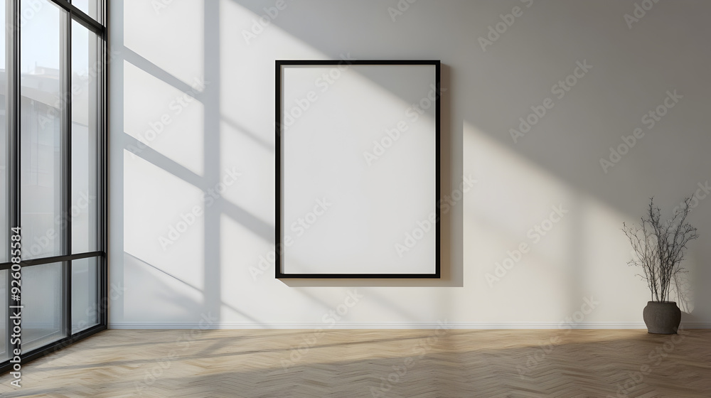 Minimalist interior with a large blank frame on the wall, wooden floor, and a potted plant.