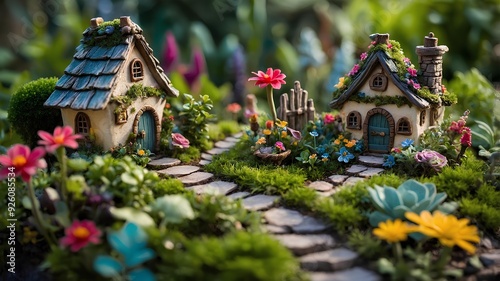 Fairy Garden. Miniature houses, tiny fairy statues, and vibrant flowers surrounded by lush greenery in a magical garden setting. Whimsical Style photo