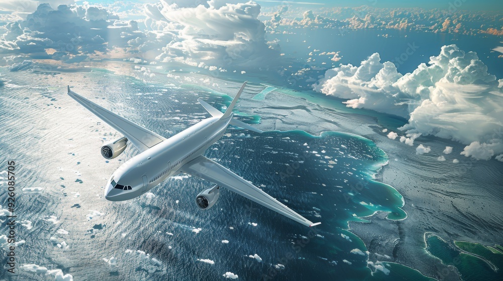 Obraz premium Commercial airliner soaring through a vast expanse of blue sky
