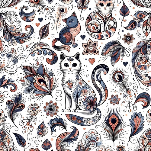 Ornamental Cats Seamless Pattern