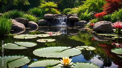 Water garden animation. Lily pads, koi fish, and water plants in a serene garden setting. Tranquil design. photo