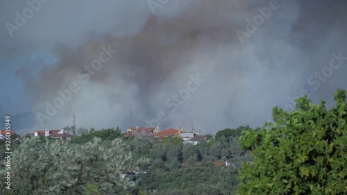 forest fire smoke near a village slow motion