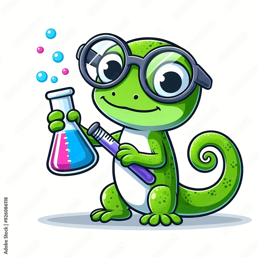 Cute Chameleon Scientist Holding Lab Tube Cartoon Vector Icon Illustration Cute Chameleon Scientist Holding Lab Tube Cartoon Vector Icon Illustration