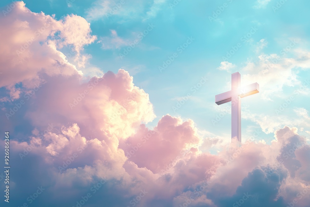 Christian cross appeared bright in the sky with soft fluffy clouds, white, beautiful colors. With the light shining as hope, love and freedom in the sky background , ai Christian cross appeared bright in the sky with soft fluffy clouds, white, beautiful colors. With the light shining as hope, love and freedom in the sky background , ai