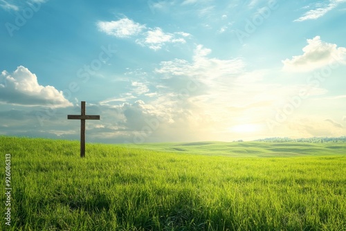 christian background with jesus cross and beautiful green field , ai