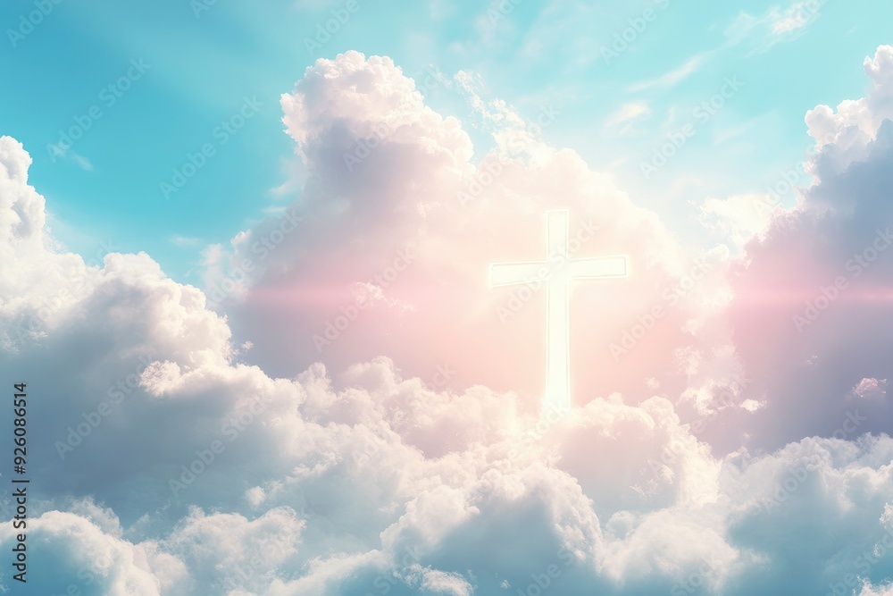 Christian cross appeared bright in the sky with soft fluffy clouds, white, beautiful colors. With the light shining as hope, love and freedom in the sky background , ai