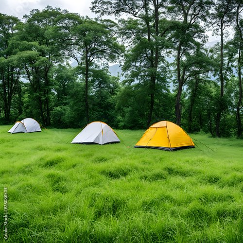 Tent on the grass, wilderness camping, outdoor sports, middle-class lifestyle