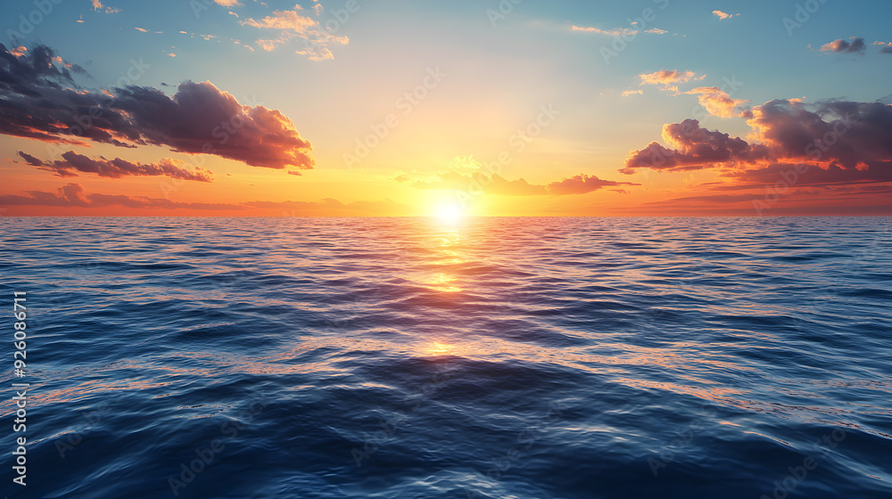 Obraz premium Sunset over the ocean with cloudy sky.