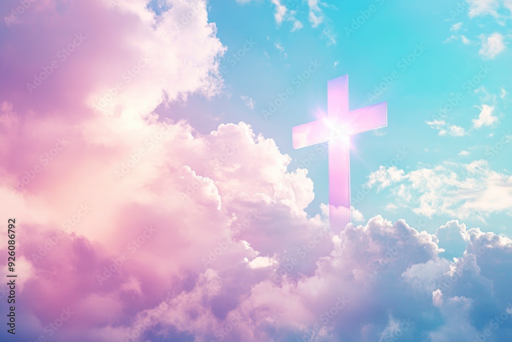Christian cross appeared bright in the sky with soft fluffy clouds, white, beautiful colors. With the light shining as hope, love and freedom in the sky background , ai Christian cross appeared bright in the sky with soft fluffy clouds, white, beautiful colors. With the light shining as hope, love and freedom in the sky background , ai