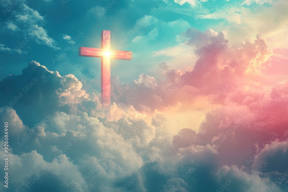 Christian cross appeared bright in the sky with soft fluffy clouds, white, beautiful colors. With the light shining as hope, love and freedom in the sky background , ai Christian cross appeared bright in the sky with soft fluffy clouds, white, beautiful colors. With the light shining as hope, love and freedom in the sky background , ai