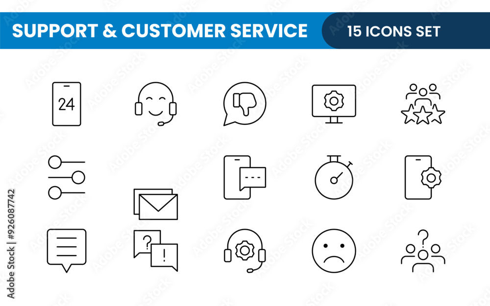 Support and customer service outline style modern icons set. Customer Feedback, Response, experience, helpline and technical support icon illustration Support and customer service outline style modern icons set. Customer Feedback, Response, experience, helpline and technical support icon illustration
