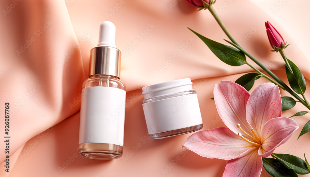 Cosmetic display serum and jar with a pink flower in the background. Cosmetic display serum and jar with a pink flower in the background.