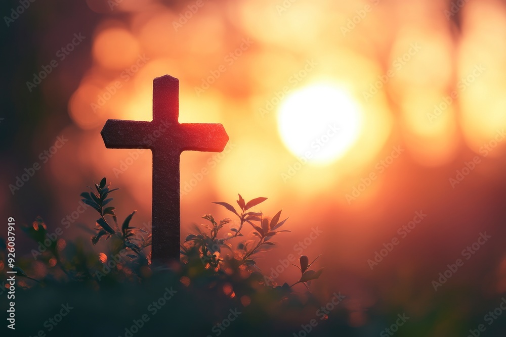 Copyspace Christian, Christianity, Religion background with blurry sunset , ai