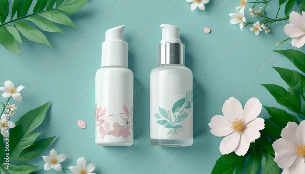 Two cosmetic bottle display with green background Two cosmetic bottle display with green background