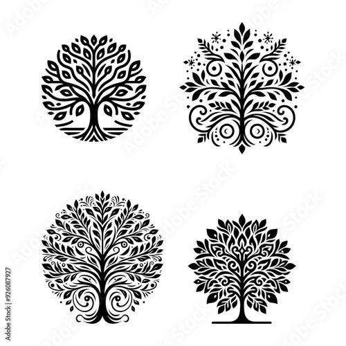 Set of four stylized tree of life designs with intricate black silhouettes, featuring decorative leaves and branches.