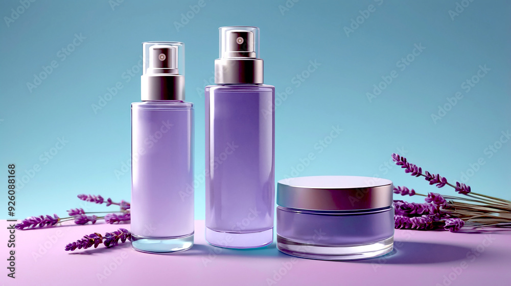 Cosmetic product display are shown with purple and white. Cosmetic product display are shown with purple and white.
