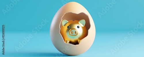 A playful piggy bank emerging from an eggshell against a vibrant blue background, symbolizing savings and new beginnings.