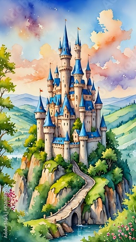 Watercolor illustration of a fairytale castle on a hilltop with a winding path leading to it.