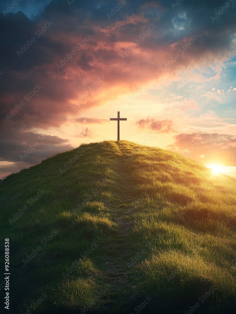Obraz premium Cristian cross on top of a green hill at sunset , ai