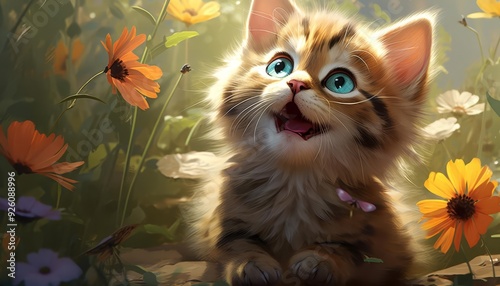 A playful kitten batting at a butterfly in a garden illustration photo