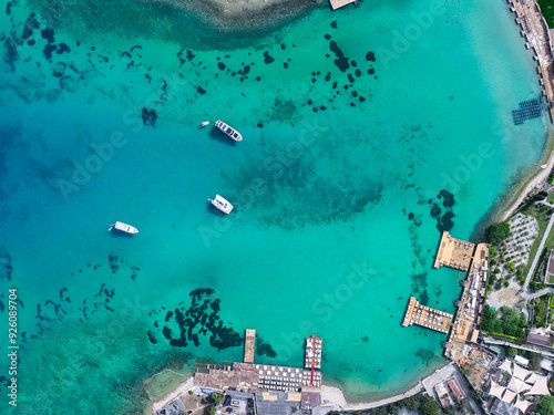 Fototapeta Naklejka Na Ścianę i Meble -  Ilica Beach Drone Photo, Summer Season in the Ayayorgi Coast, Aegean Sea Cesme, Alacati Izmir Turkiye (Turkey)