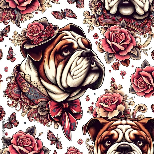 Bulldog with Roses and Butterflies Pattern