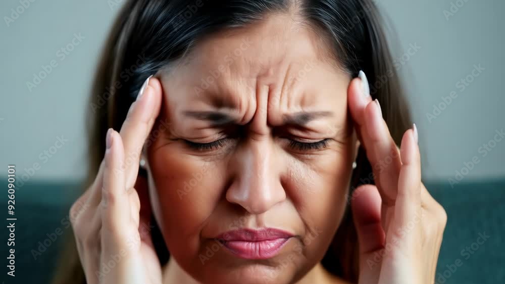 Woman Dealing with Migraine, Sitting in Pain on Couch Woman Dealing with Migraine, Sitting in Pain on Couch