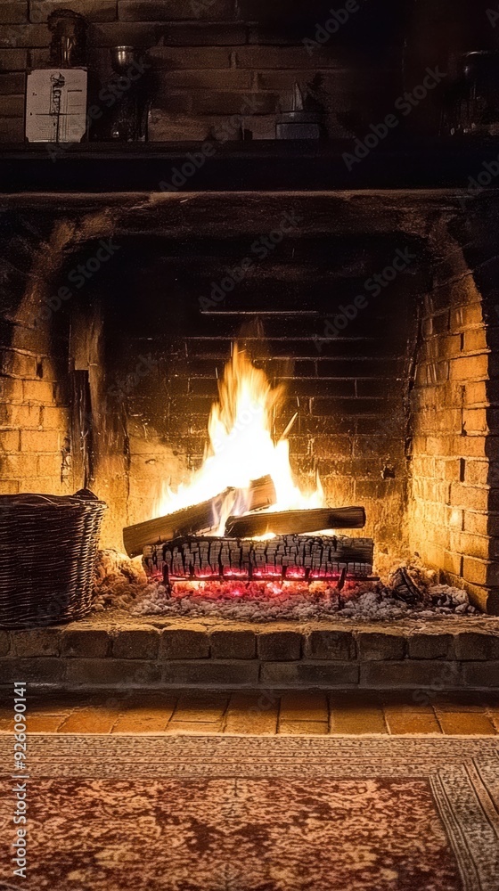 A fire burning in a fireplace with logs and bricks, AI A fire burning in a fireplace with logs and bricks, AI
