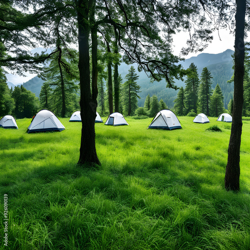 Tent on the grass, wilderness camping, outdoor sports, middle-class lifestyle