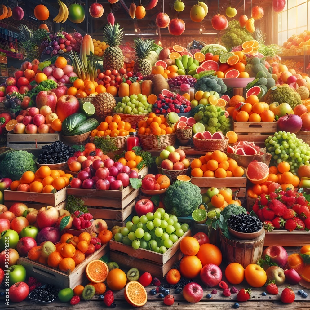 Abundance of Fresh Fruits and Vegetables at a Market Stall Abundance of Fresh Fruits and Vegetables at a Market Stall