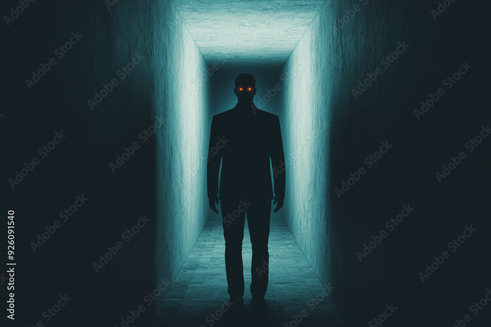Eerie Shadowy Figure in Dark Room with Malevolent Glowing Eyes - Spooky Haunted Atmosphere, Copy Space for Text Eerie Shadowy Figure in Dark Room with Malevolent Glowing Eyes - Spooky Haunted Atmosphere, Copy Space for Text