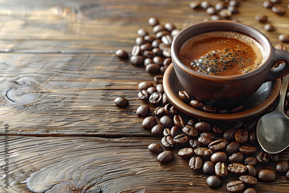 Freshly Brewed Coffee in Rustic Cup with Coffee Beans on Wooden Table - Perfect for Cafes, Menus, Posters Freshly Brewed Coffee in Rustic Cup with Coffee Beans on Wooden Table - Perfect for Cafes, Menus, Posters