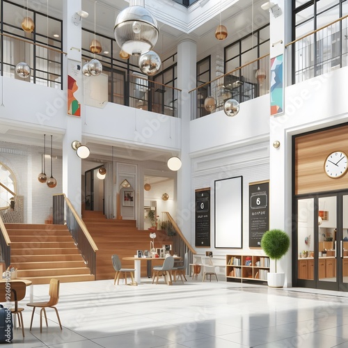 Modern Interior Design of a Bright and Spacious Lobby with Stairs, a Blank Canvas, and a Wooden Wall