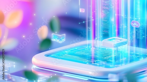Futuristic Technology Abstract Background, Neon Lights, Data Flow