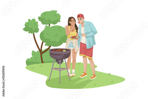 A couple grilling food at a barbecue in a park with trees in the background. They are enjoying the outdoor cooking experience. Concept of leisure and outdoor activities. Vector illustration
