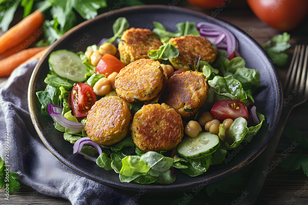Salad and chickpea fritters served on a plate for vegetarian lunch Salad and chickpea fritters served on a plate for vegetarian lunch