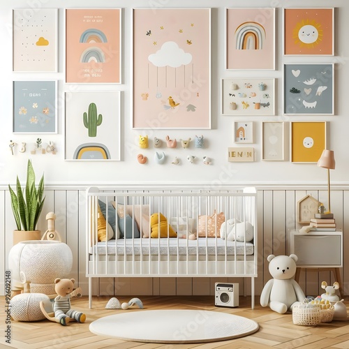 Nursery Interior Design with Crib, Decorated with Pastel Colors, Rainbow, and Clouds