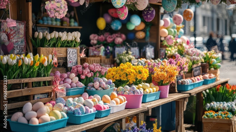 A vibrant stall showcases an array of flowers and decorative eggs in spring colors A vibrant stall showcases an array of flowers and decorative eggs in spring colors
