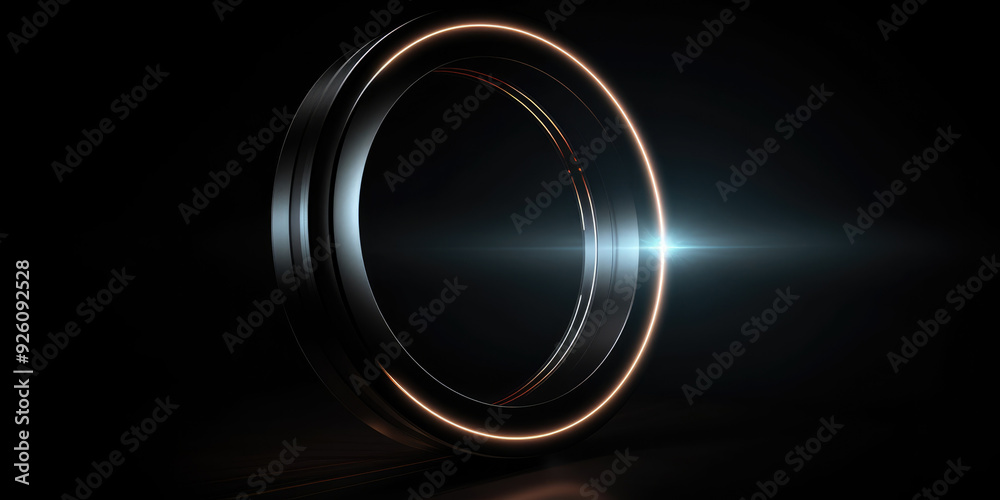 Abstract Geometric Shape with Glowing Lines. Abstract Circle with Lens Flare Effect on a Black Background