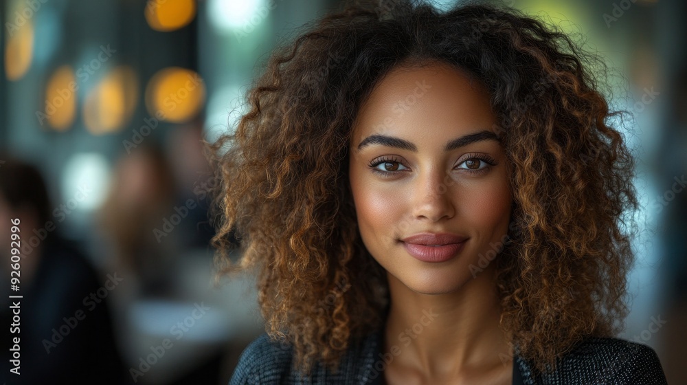 A young woman radiates confidence in a lively café filled with people, her warm smile drawing attention amid the ambient glow of evening lights A young woman radiates confidence in a lively café filled with people, her warm smile drawing attention amid the ambient glow of evening lights