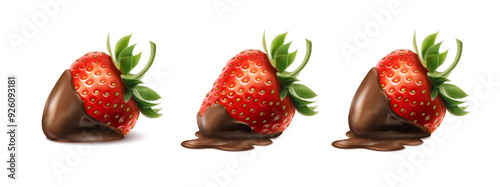 3d realistic vector icon set illustration. Whole red strawberry covered in chocolate. Chocolate fondue. Isolated.