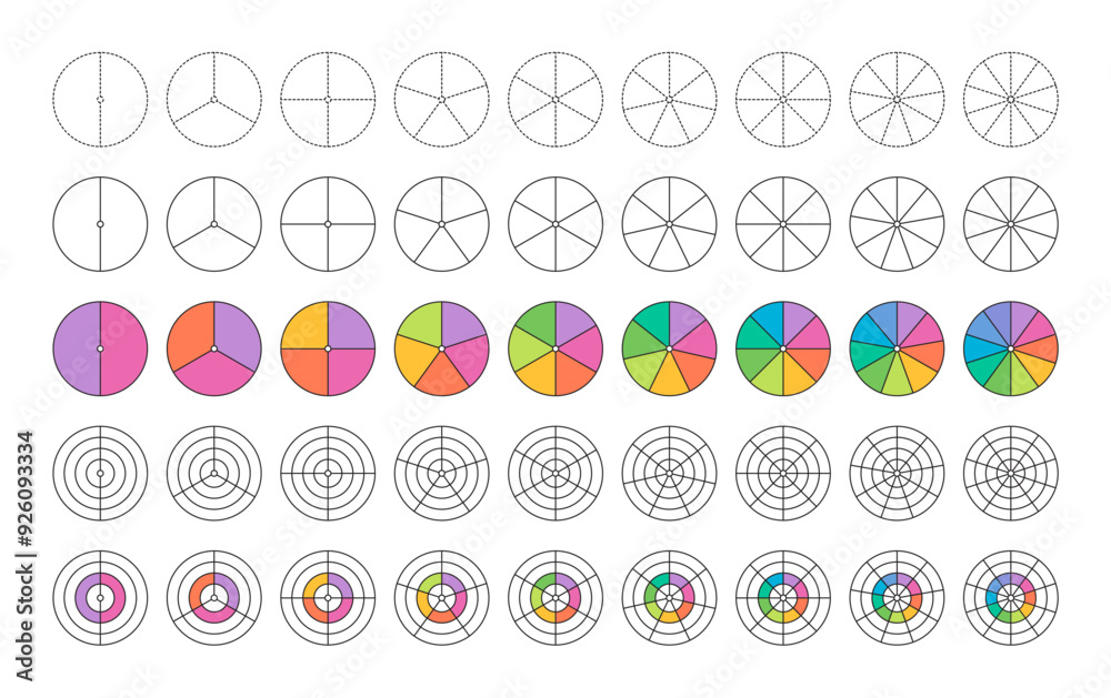 pie chart set. 2 to 10 segmented circles. segmented colored circles. segmented circles set pie chart set. 2 to 10 segmented circles. segmented colored circles. segmented circles set