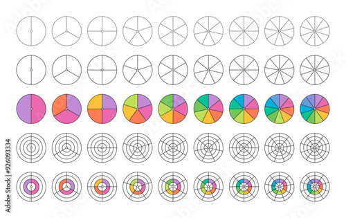 pie chart set. 2 to 10 segmented circles. segmented colored circles. segmented circles set