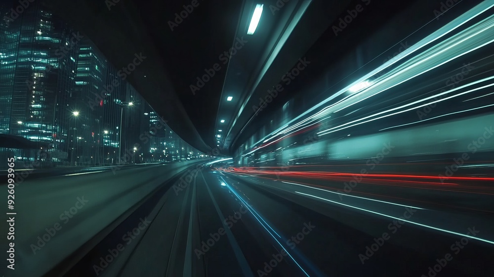 Motion time of a high-speed night drive through a big city, ending in an underground parking garage. The side view from the car window shows light trails from vehicles and street lights. Motion time of a high-speed night drive through a big city, ending in an underground parking garage. The side view from the car window shows light trails from vehicles and street lights.
