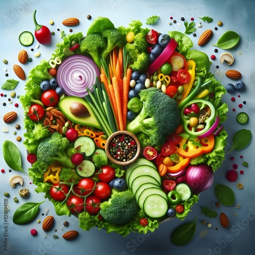 Vibrant Assortment of Fresh Vegetables and Herbs Arranged in a Circular Pattern