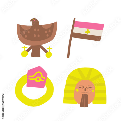 Cute ancient Egypt composition, postcard with funny hand drawn doodle pharaoh face, ring, flag, eagle. Old civilization, desert nature t shirt print, cover, template, banner, poster print objects photo