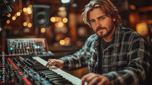 A musician sits at a vintage synthesizer, crafting unique sounds in a warmly lit studio, surrounded by an atmosphere of creativity and inspiration photo