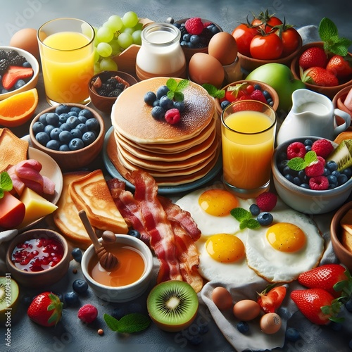 Delicious and Healthy Breakfast Table with Pancakes, Bacon, Eggs, Fruit, and Juice
